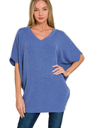 Zenana Raised Rib V-Neck Batwing Top