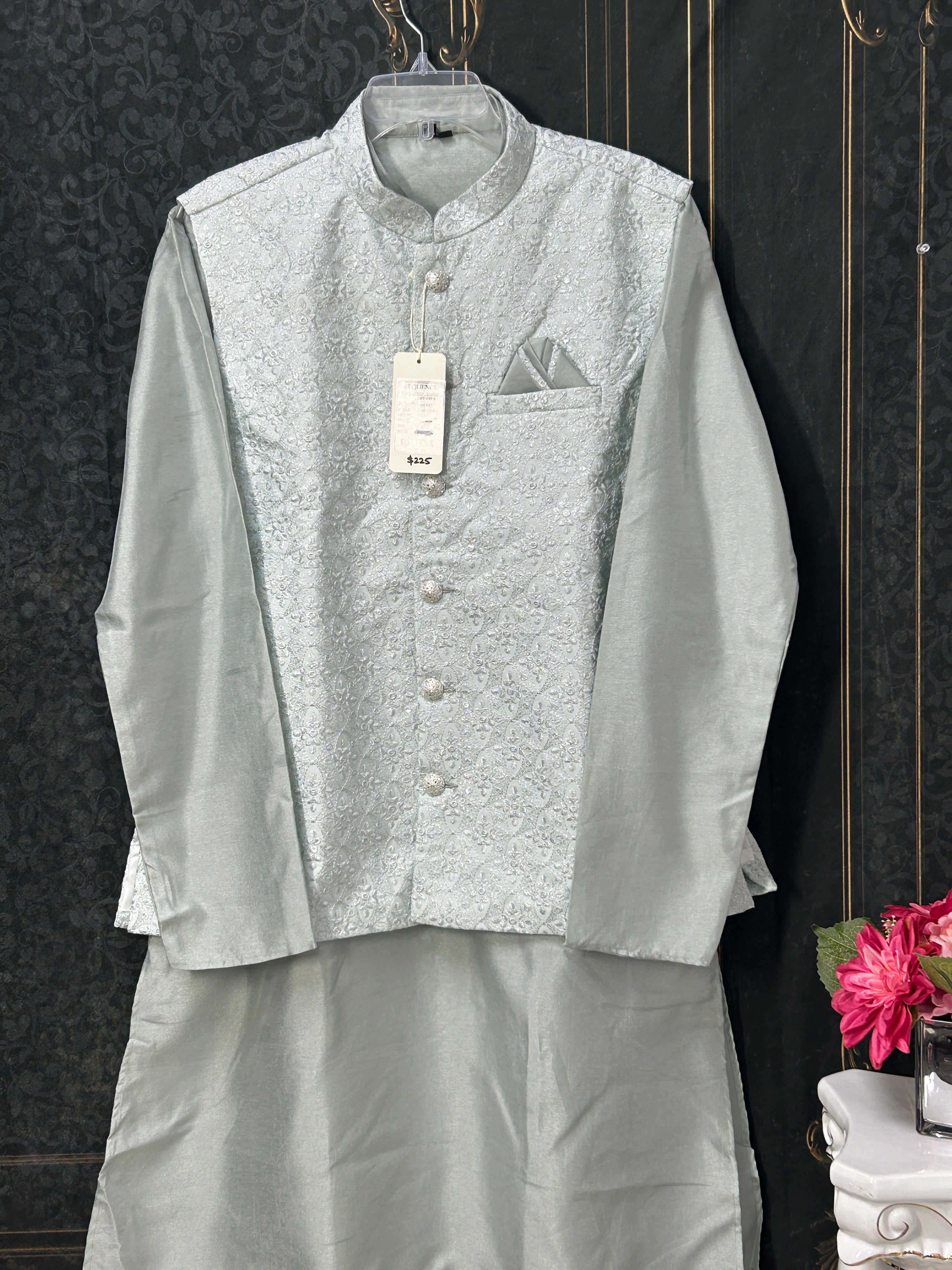 Light grey silk kurta set with jacket
