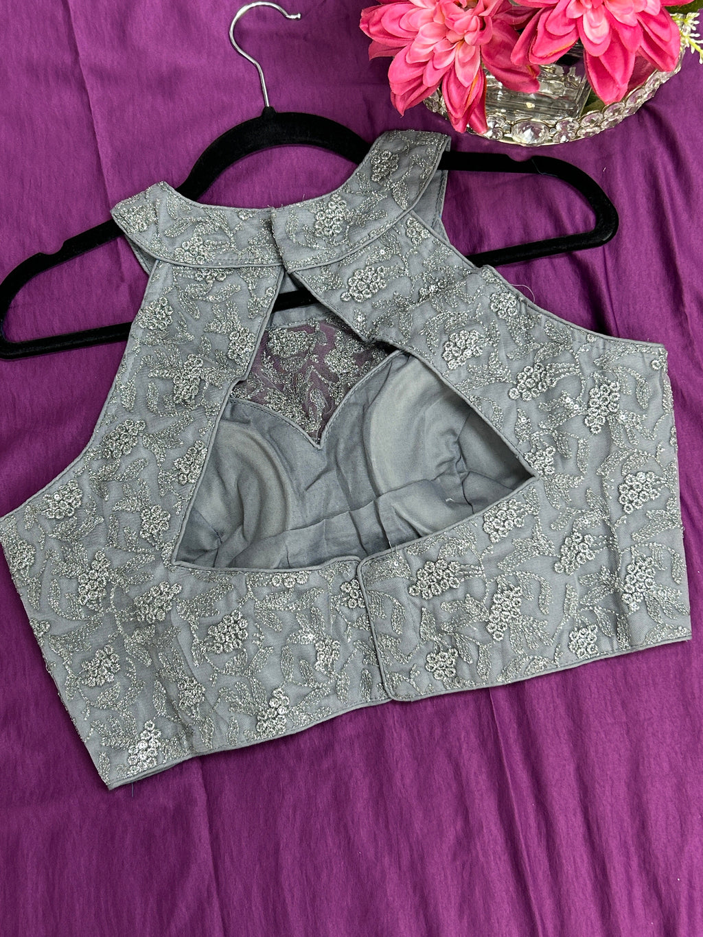 Grey : Halter neck embroidered blouse