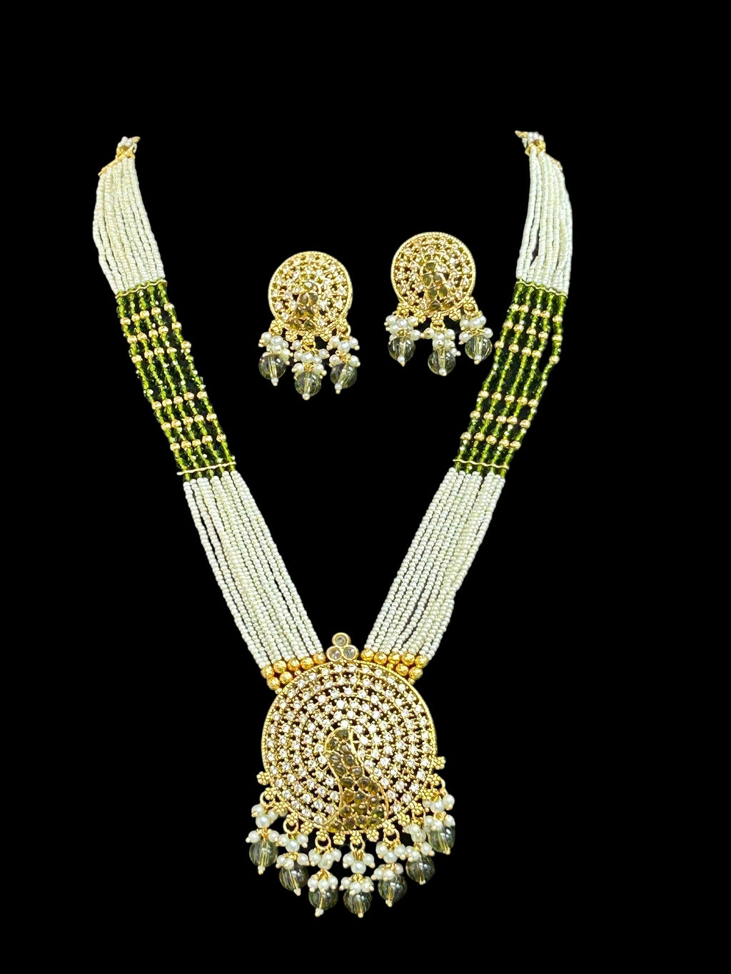 Mehandi color Pearl necklace with peacock pendant
