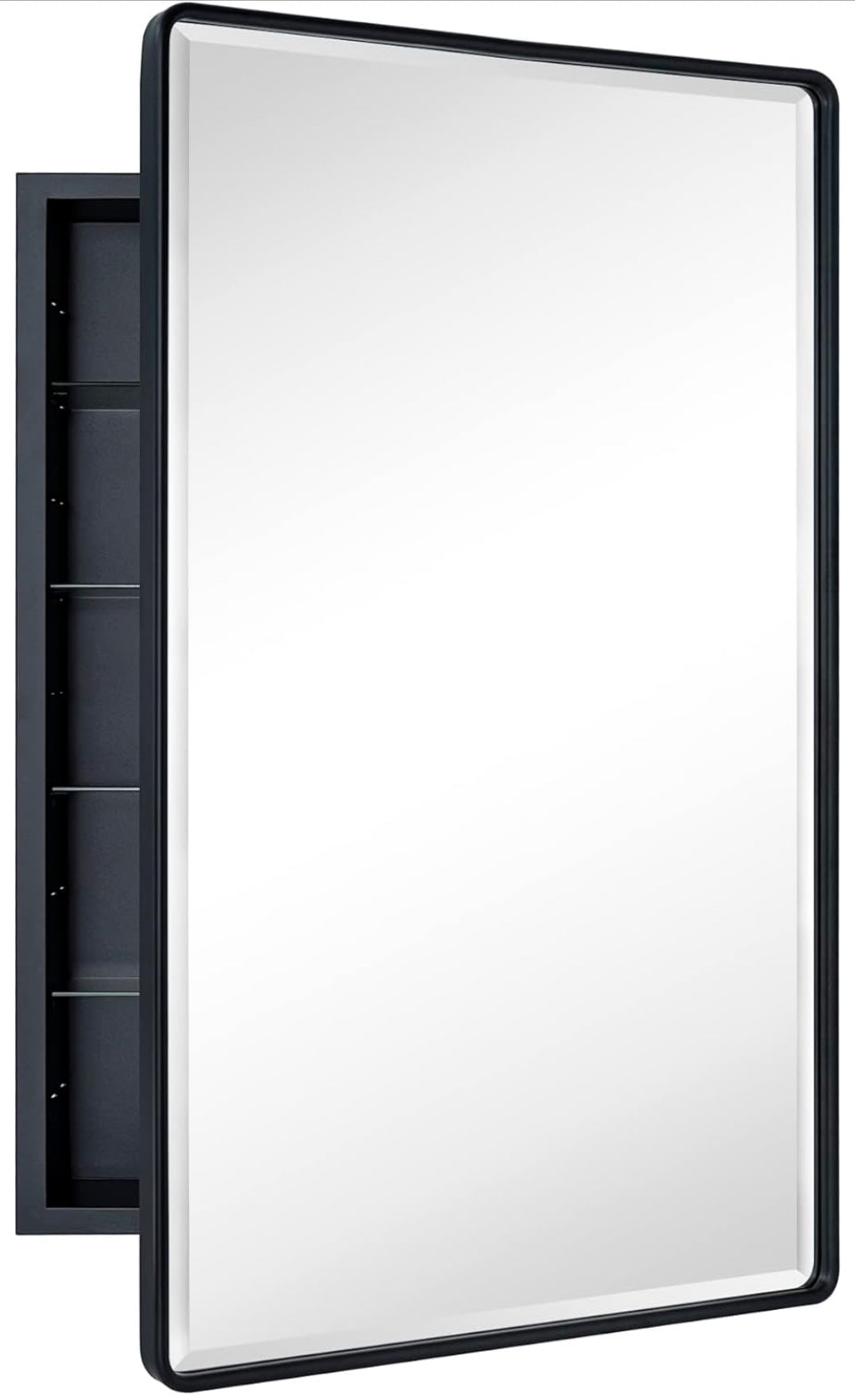 TEHOME Farmhouse Matt Black Recessed Bathroom Medicine Cabinet with Mirror Rounded Rectangle Metal Framed Medicine Cabinet with Beveled Mirror 24x36"