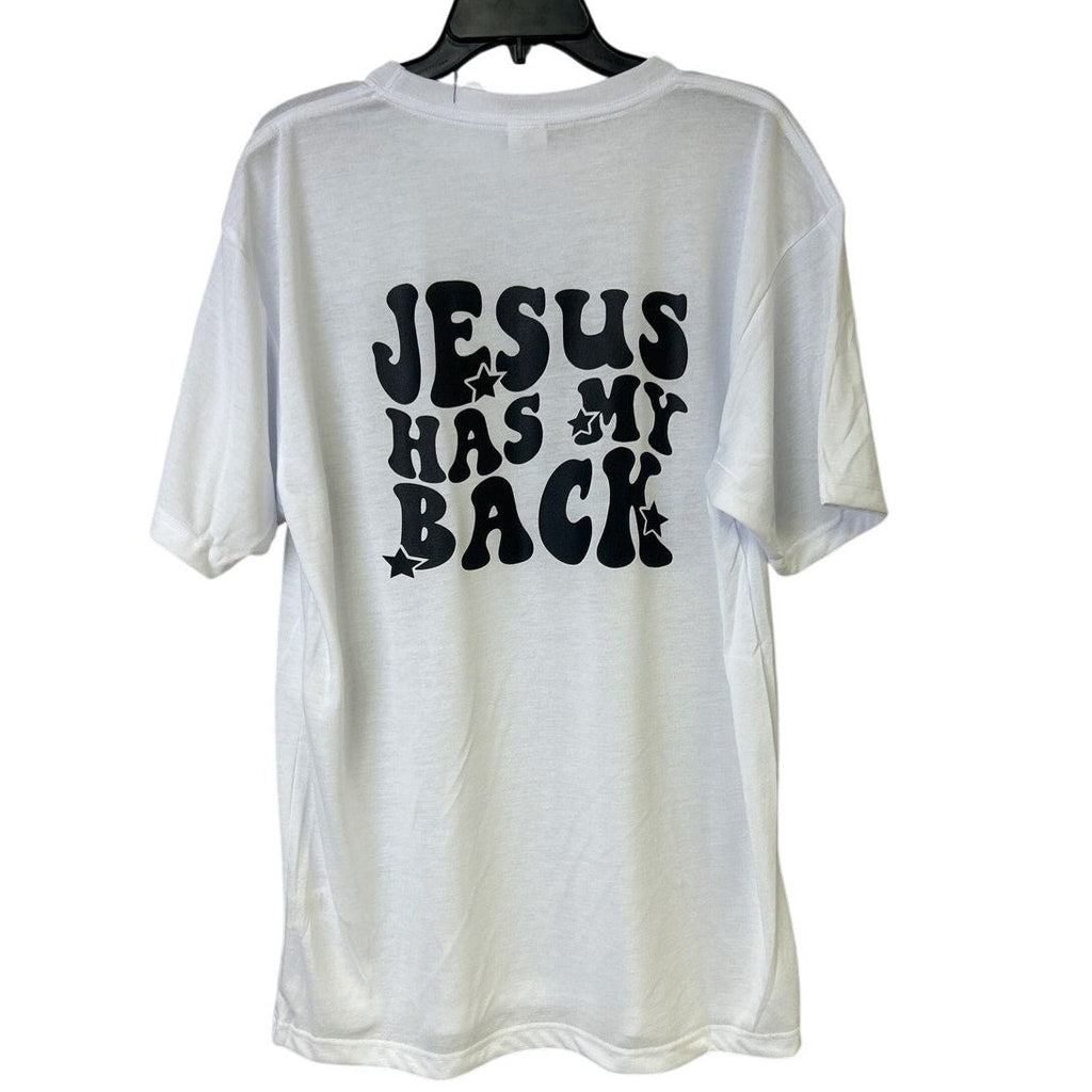 New Hand Printed Mens XL White Jesus Has My Back Short Sleeve Crew Tee Shirt