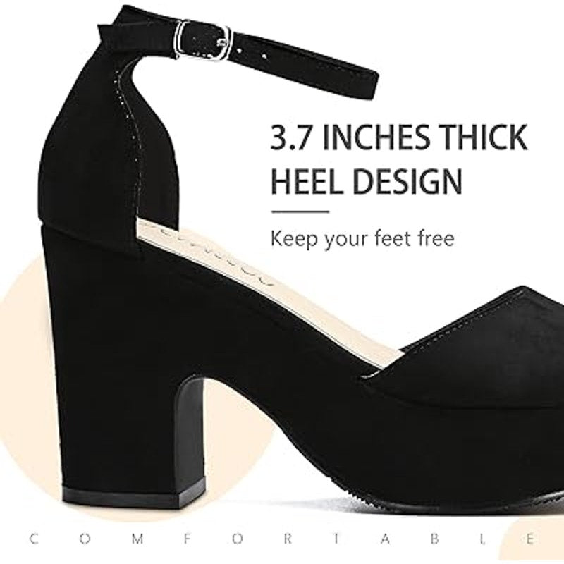 Camsoo Womens 7.5 Black Faux Suede Open Toe 3.75" Block Heel Ankle Strap Shoes