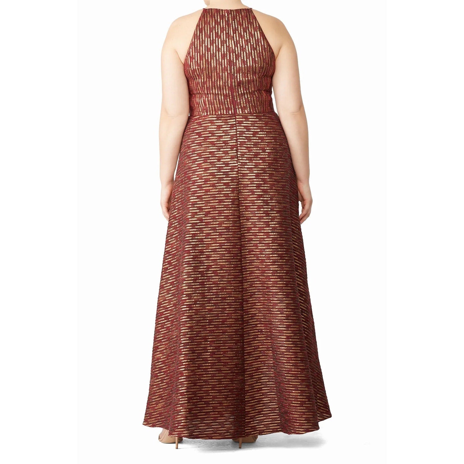 Badgley Mischka 18 Tall Ruby Metallic Gold Hi Low Leg Slit Halter Dress Gown