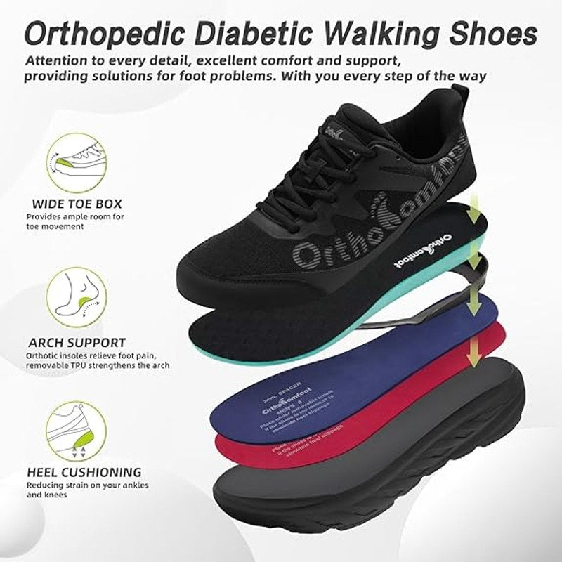 OrthoComfoot Womens Size 11 Black Lace Up Orthopedic Wide Toe Box Athletic Shoes