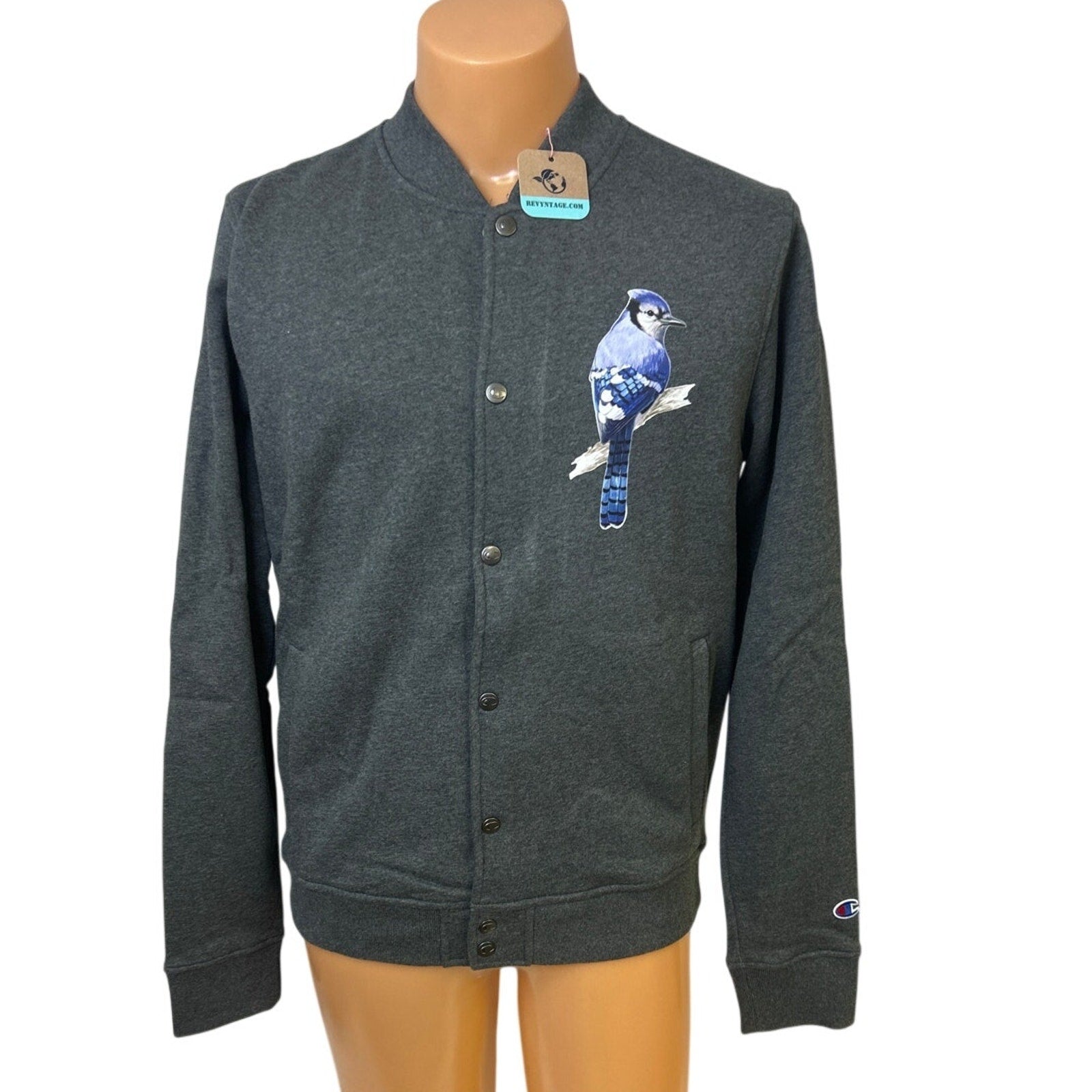 New Champion Mens Large Dark Gray Snap Up Hand Printed Blue Jay Bomber Jacket
