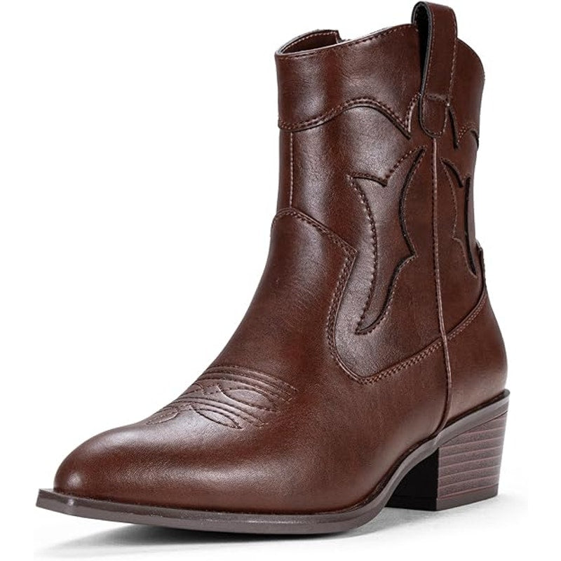 Vepose Womens Size 7 Whisky Brown Pull On Ankle Booties Embroidered Cowboy Boots