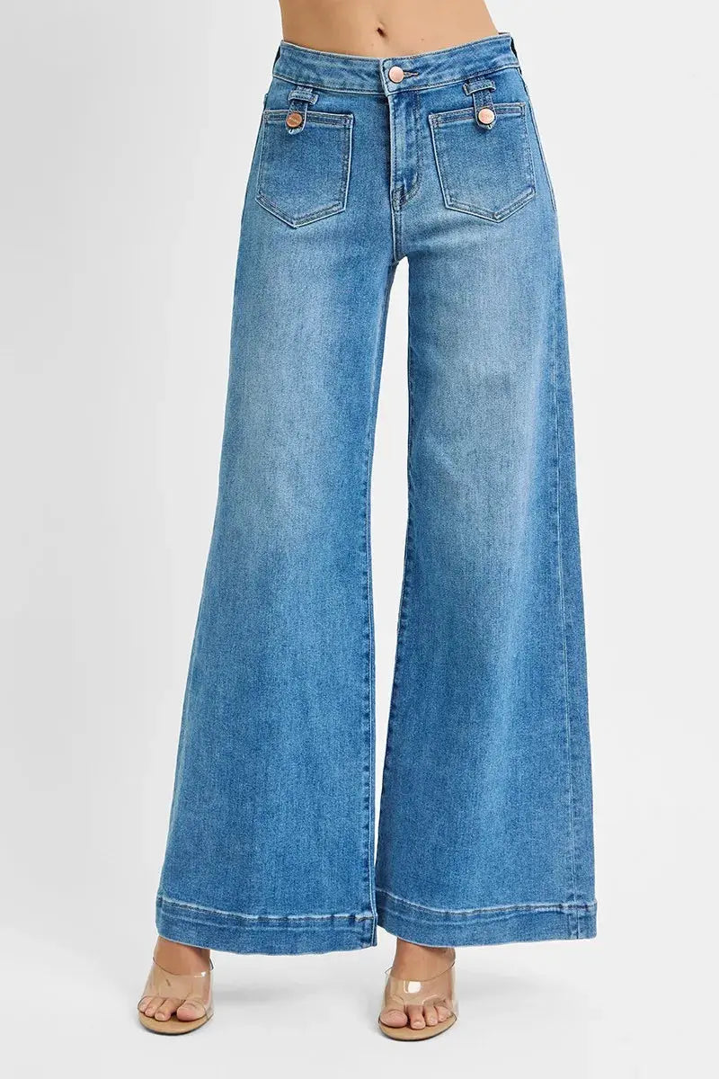 RISEN Jeans - Plus Size Mid Rise Wide Front Patch Pocket Jeans