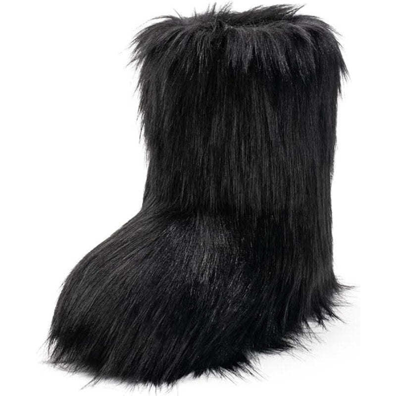 IXU Womens Size 8.5 Black Faux Furry Round Toe Winter Comfy Plush Warm Boots