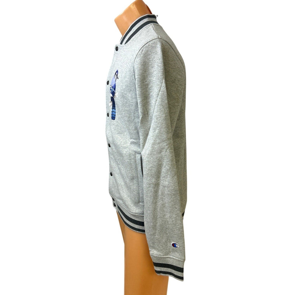 New Champion Mens Medium Gray Snap Up Hand Printed Blue Jay Bird Bomber Jacket