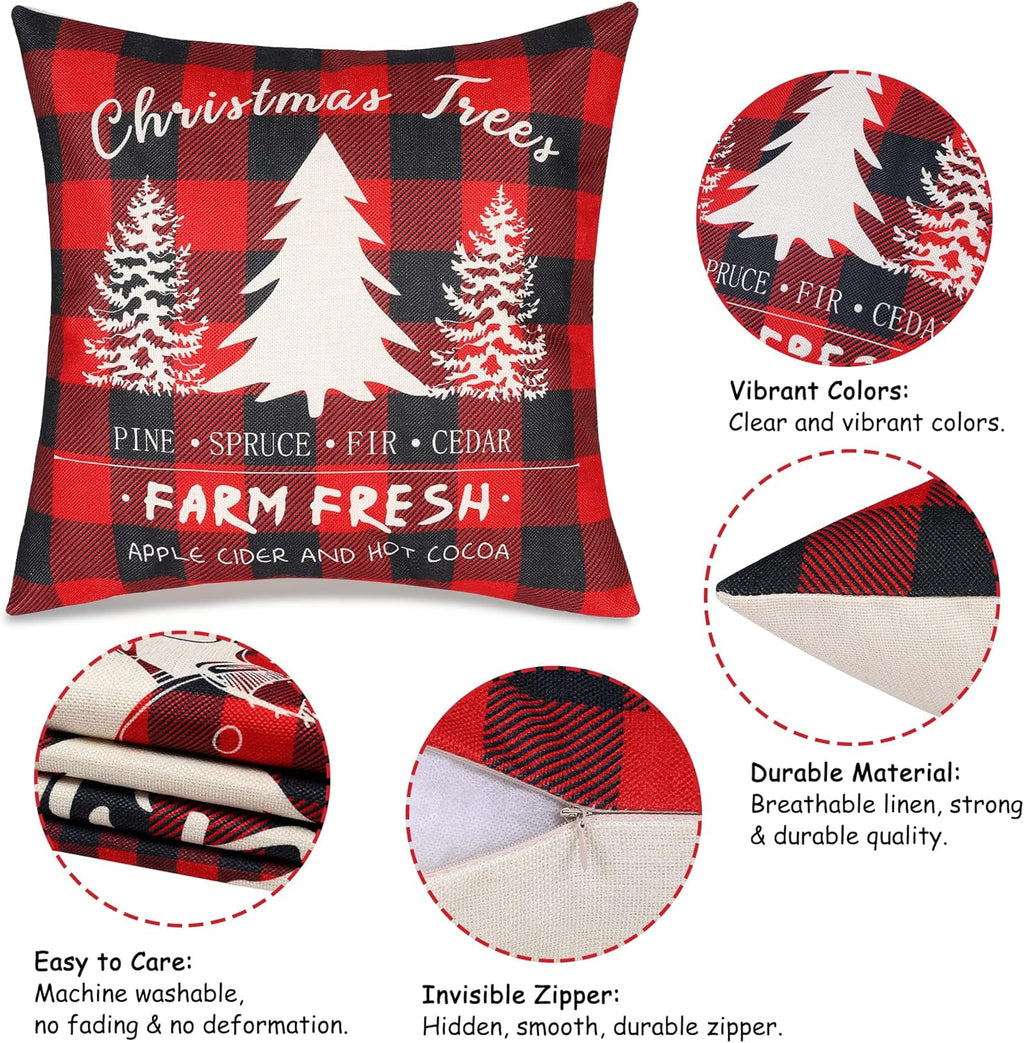 Christmas Pillow Covers 18×18 Inch Set of 4 Farmhouse Deer Pillowcase Black and Red Plaid Linen Throw Pillow Covers for Sofa Couch Christmas Decorations Cushion Pillow Case for Holiday Decor