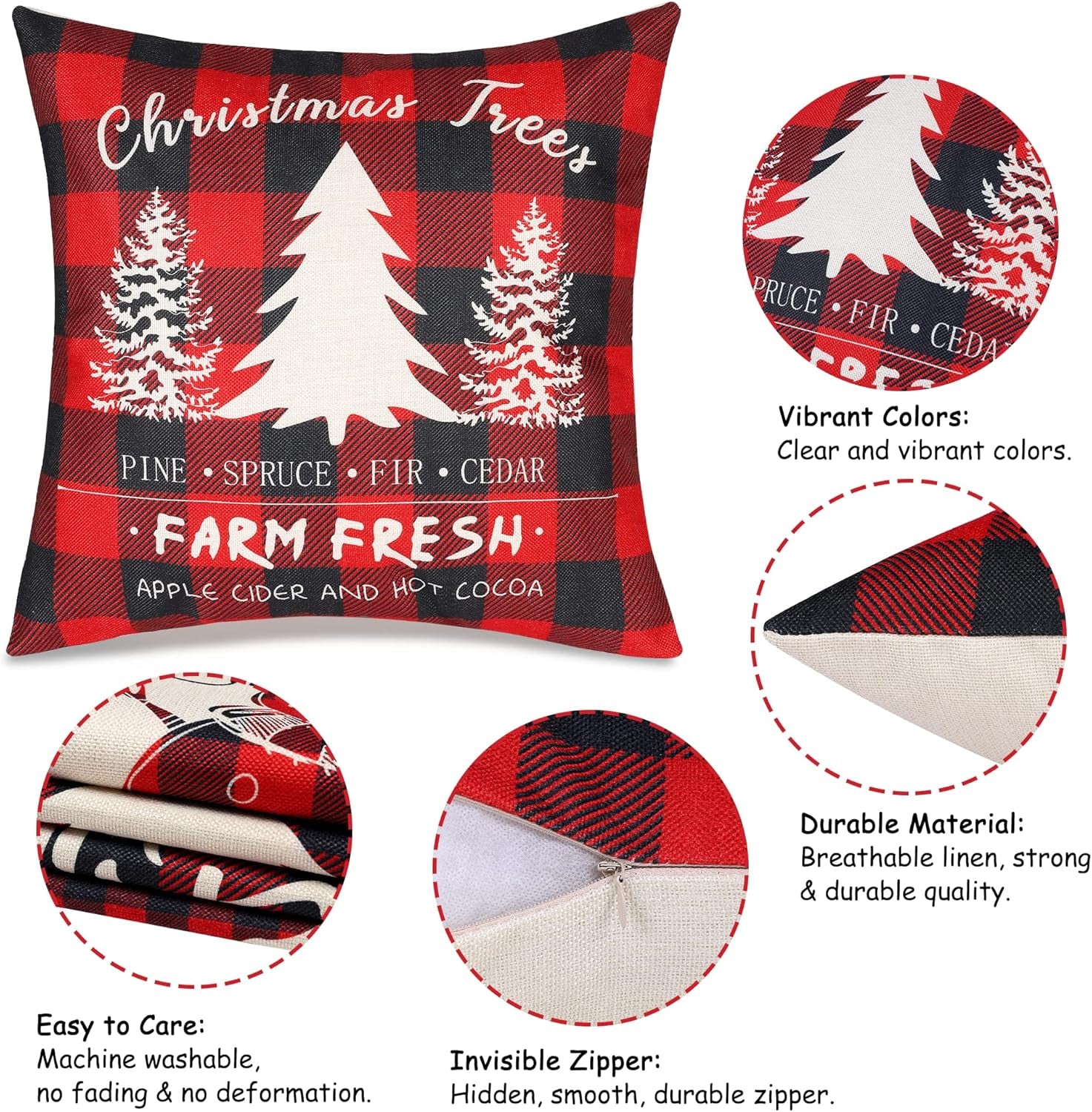Christmas Pillow Covers 18×18 Inch Set of 4 Farmhouse Deer Pillowcase Black and Red Plaid Linen Throw Pillow Covers for Sofa Couch Christmas Decorations Cushion Pillow Case for Holiday Decor