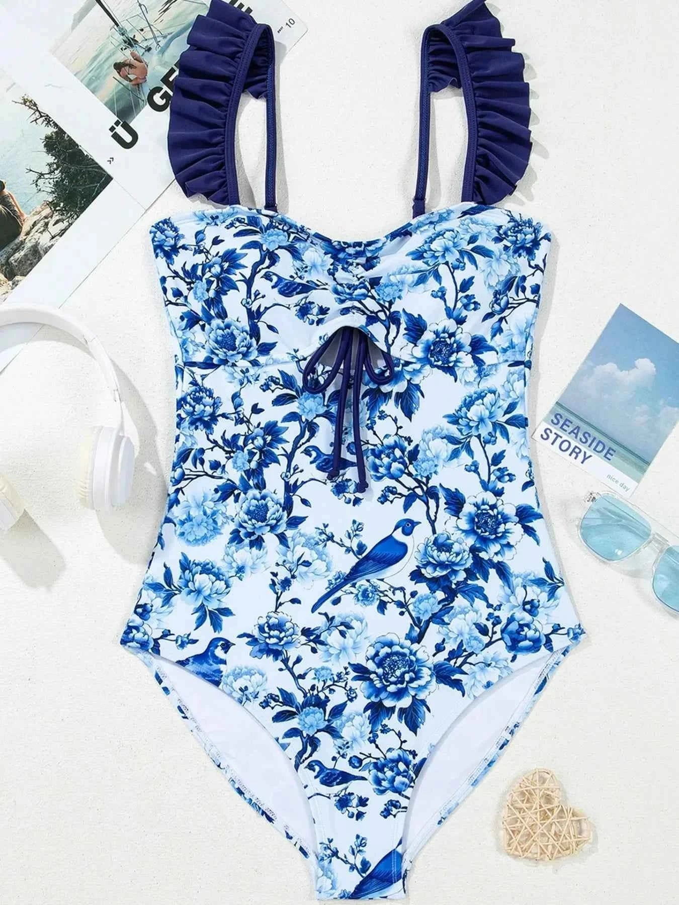 Cutout Ruffled Spaghetti Strap : One-Piece Swimwear