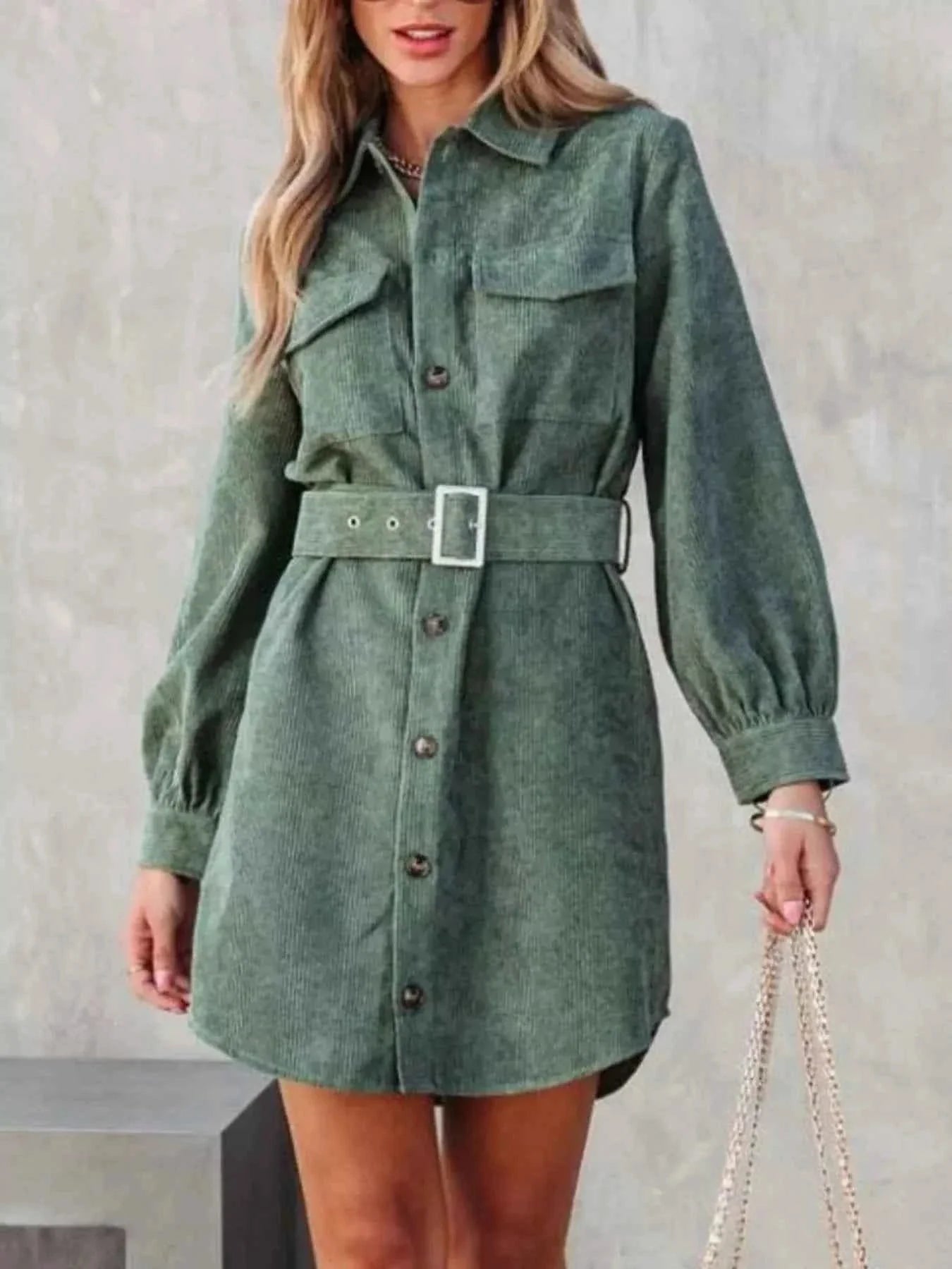 Stylish Button Front Belt Long Sleeve : Corduroy Dress