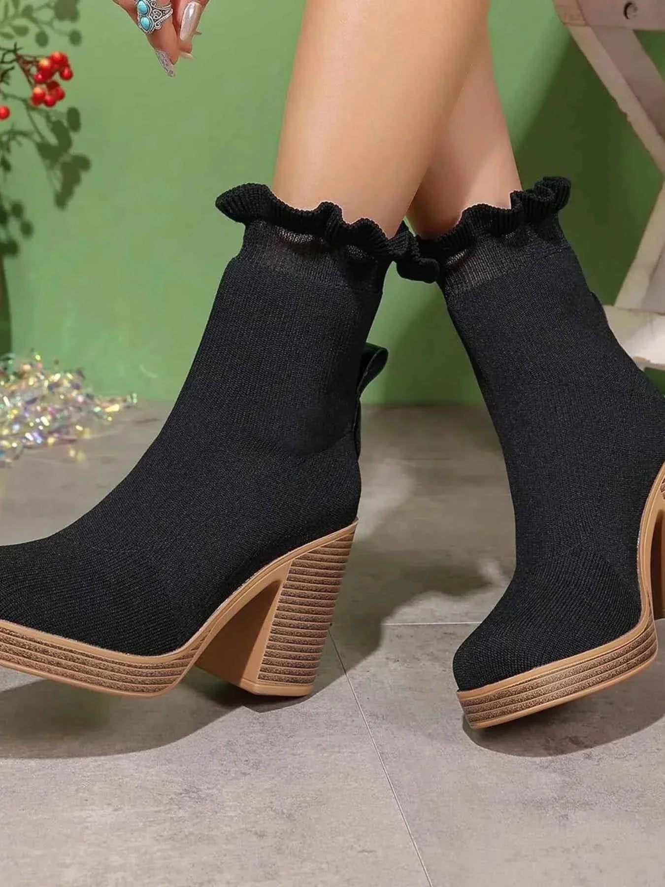 Stylish Ruffled Trim : Chunky Heel Boots