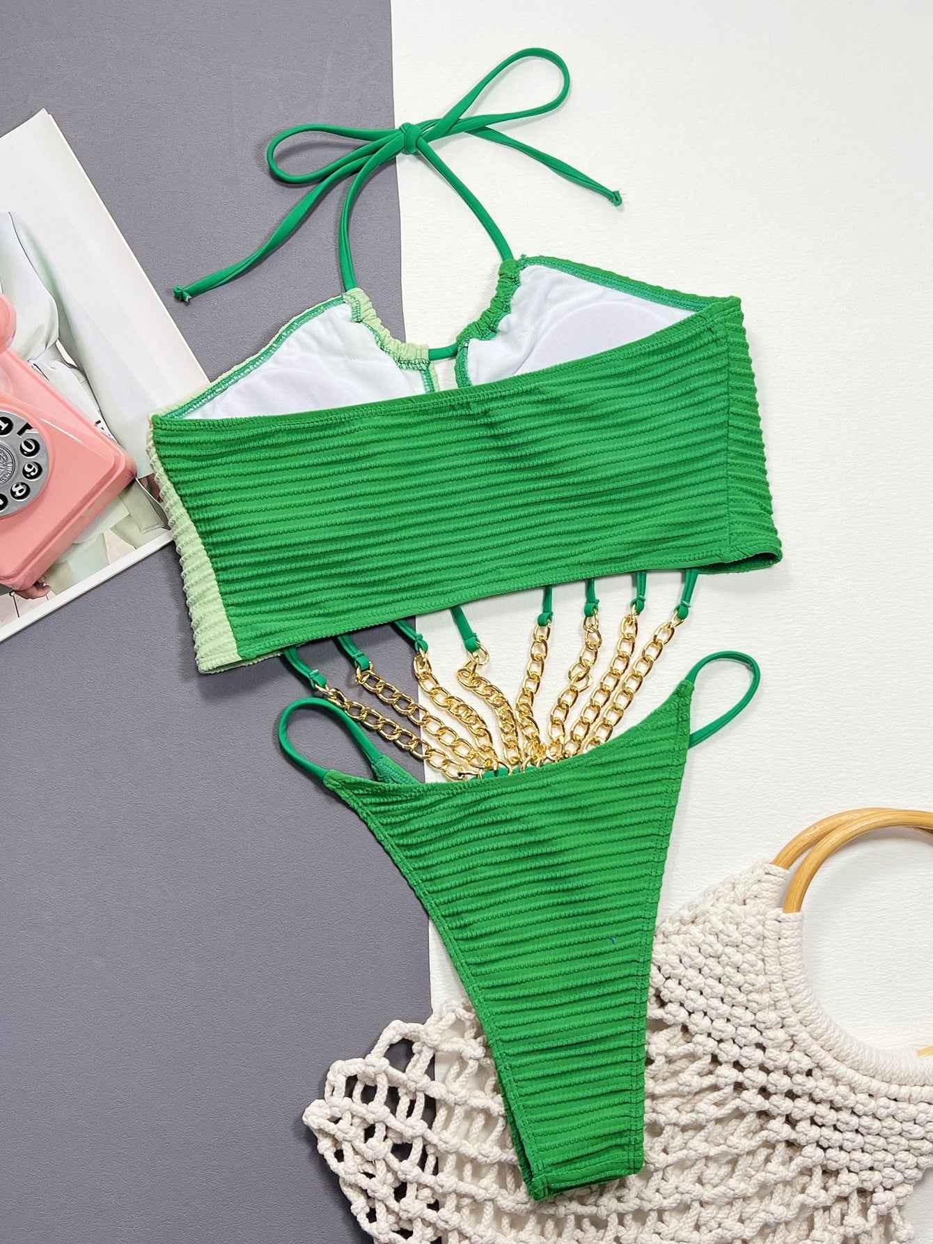Contrast Halter Neck : Chain Detail One-Piece Swimsuit