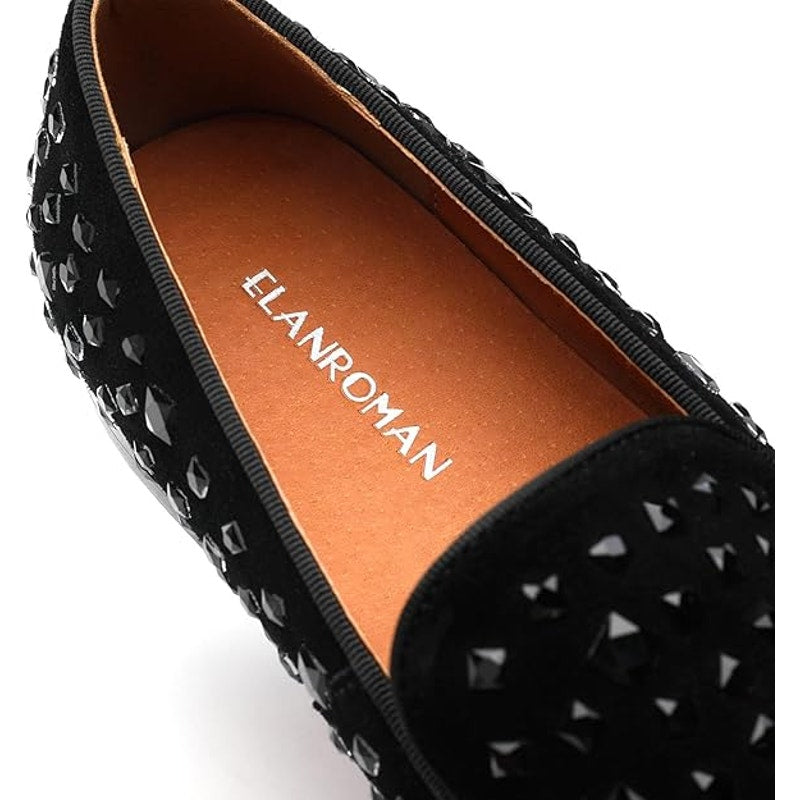 New Elanroman Mens Size 10 Black Rhinestone Tuxedo Slip On Wedding Loafer Shoes