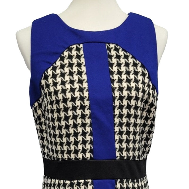 Beige Eci Size 8 Sleeveless Houndstooth Acrylic Career Knee Length Sheath Dress