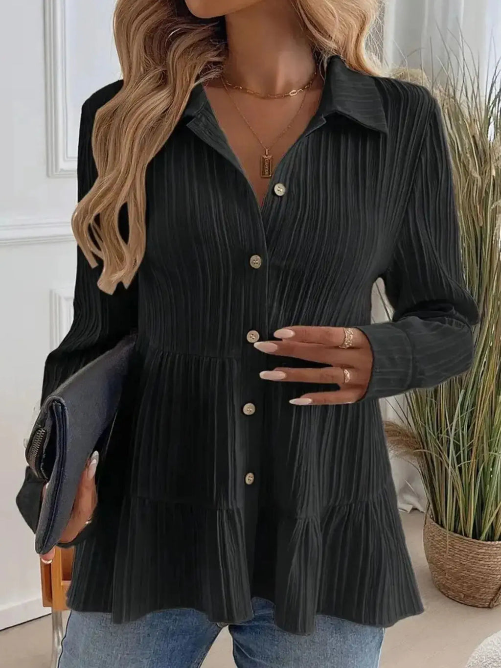 Striped Tiered  Button Down Shirt