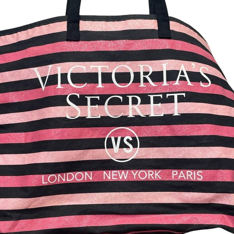 Victoria's Secret Black Pink Glitter Striped Zippered Tote Duffle Bag Long Strap