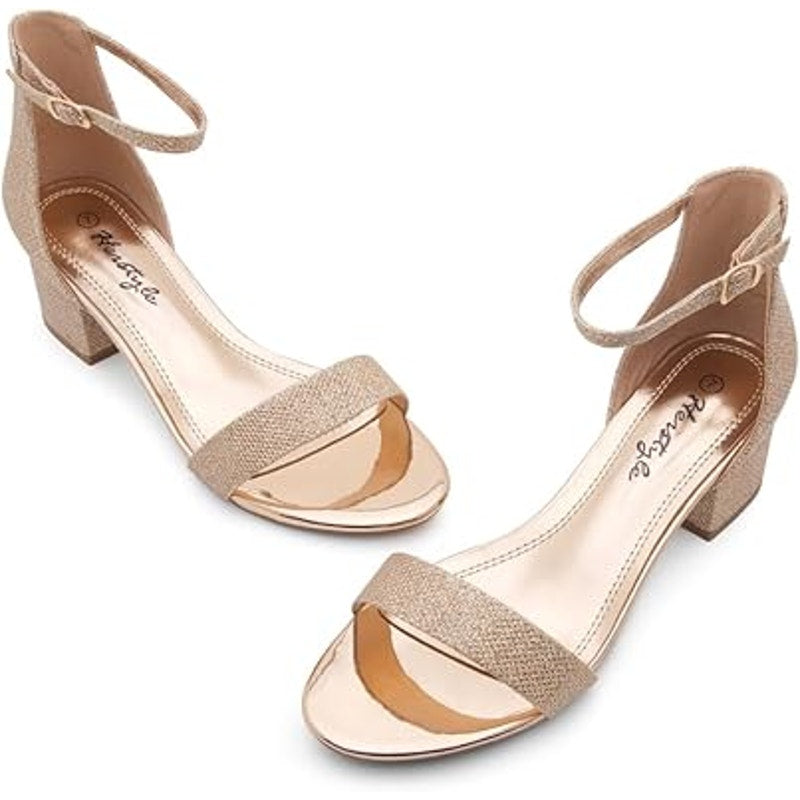New Herstyle Womens 9 Rose Gold Glitter Open Toe 2.25" Heel Ankle Strap Shoes