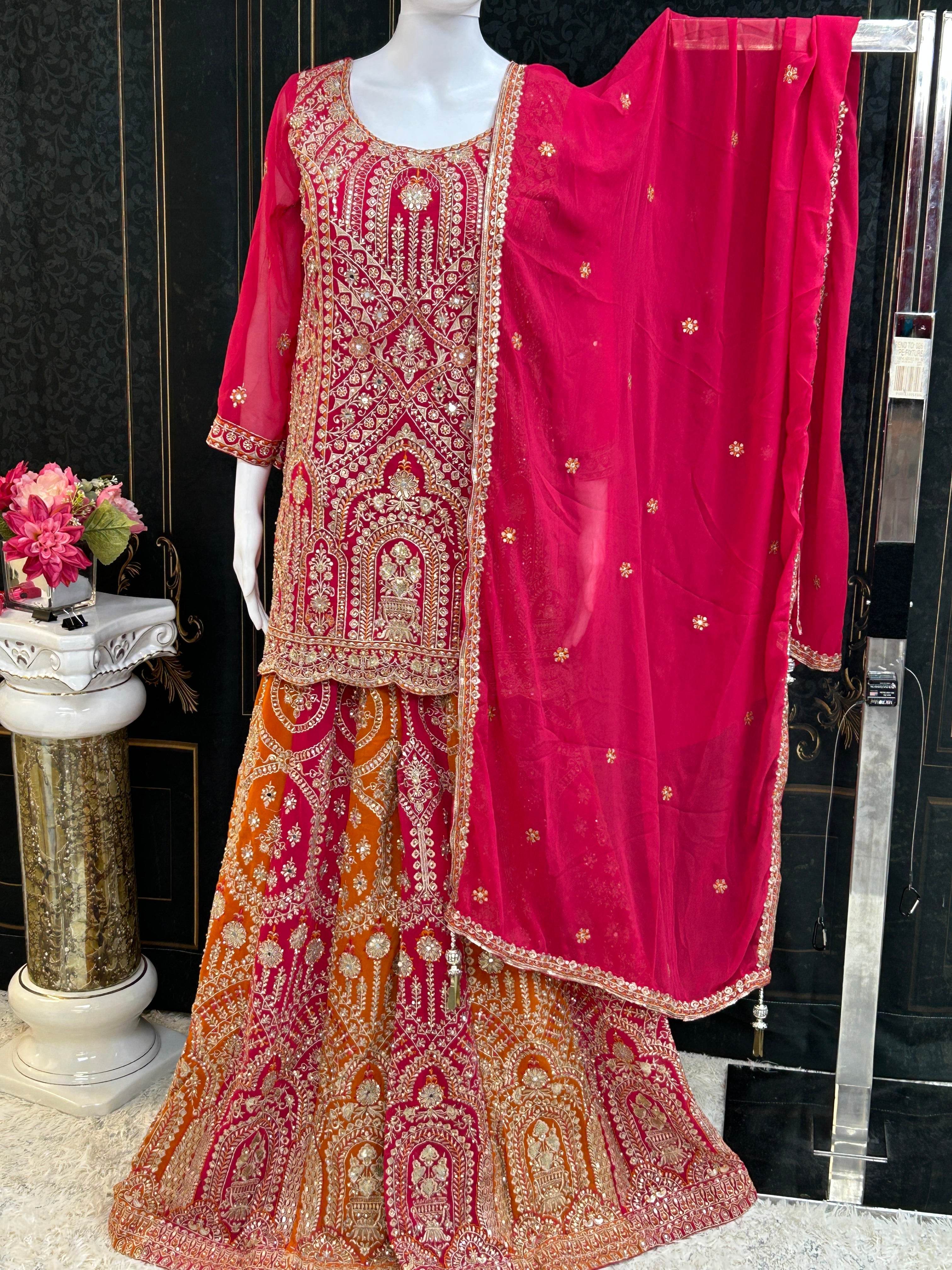 Dark pink sharara suit with heavy work