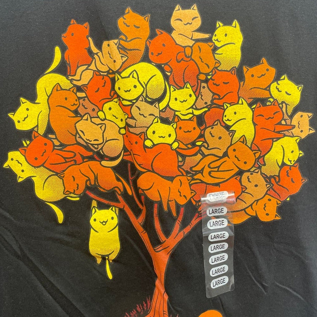 New Threadless Mens Medium Kitty Cat Fall Leaves Tree Cotton Short Sleeve Tee