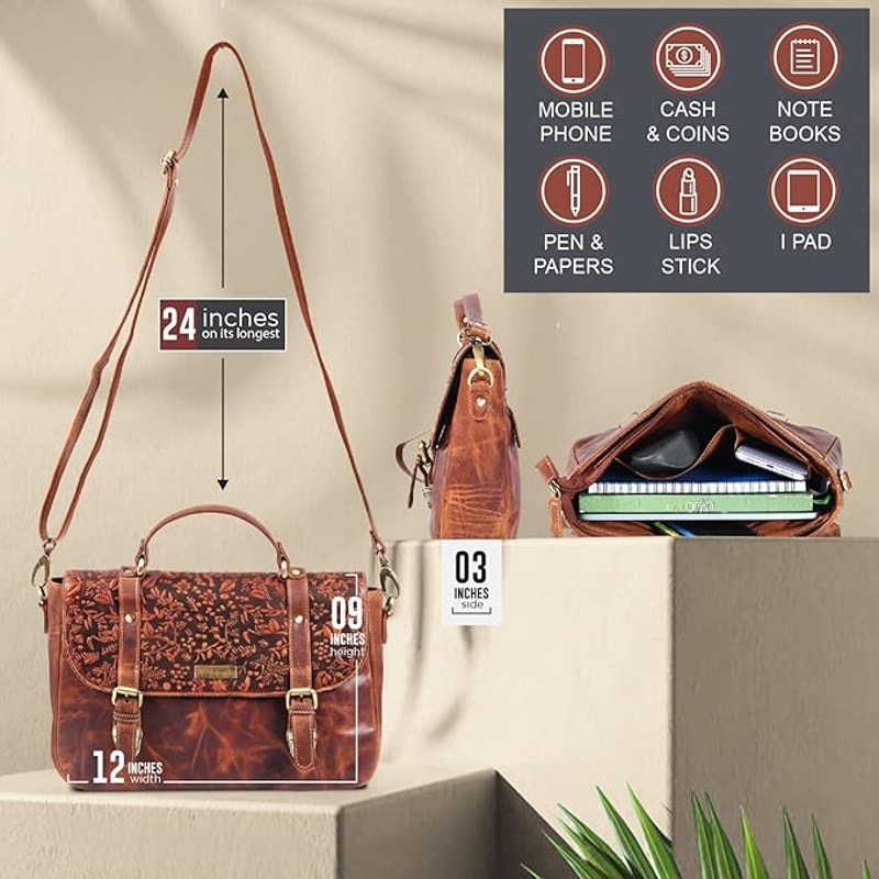 NWT New Valenchi Womens Brown Leather Floral Purse Crossbody Shoulder Bag