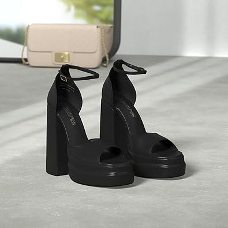 Dream Pairs Womens 8.5 Black Faux Leather 6" Platform Ankle Strap Heel Shoes