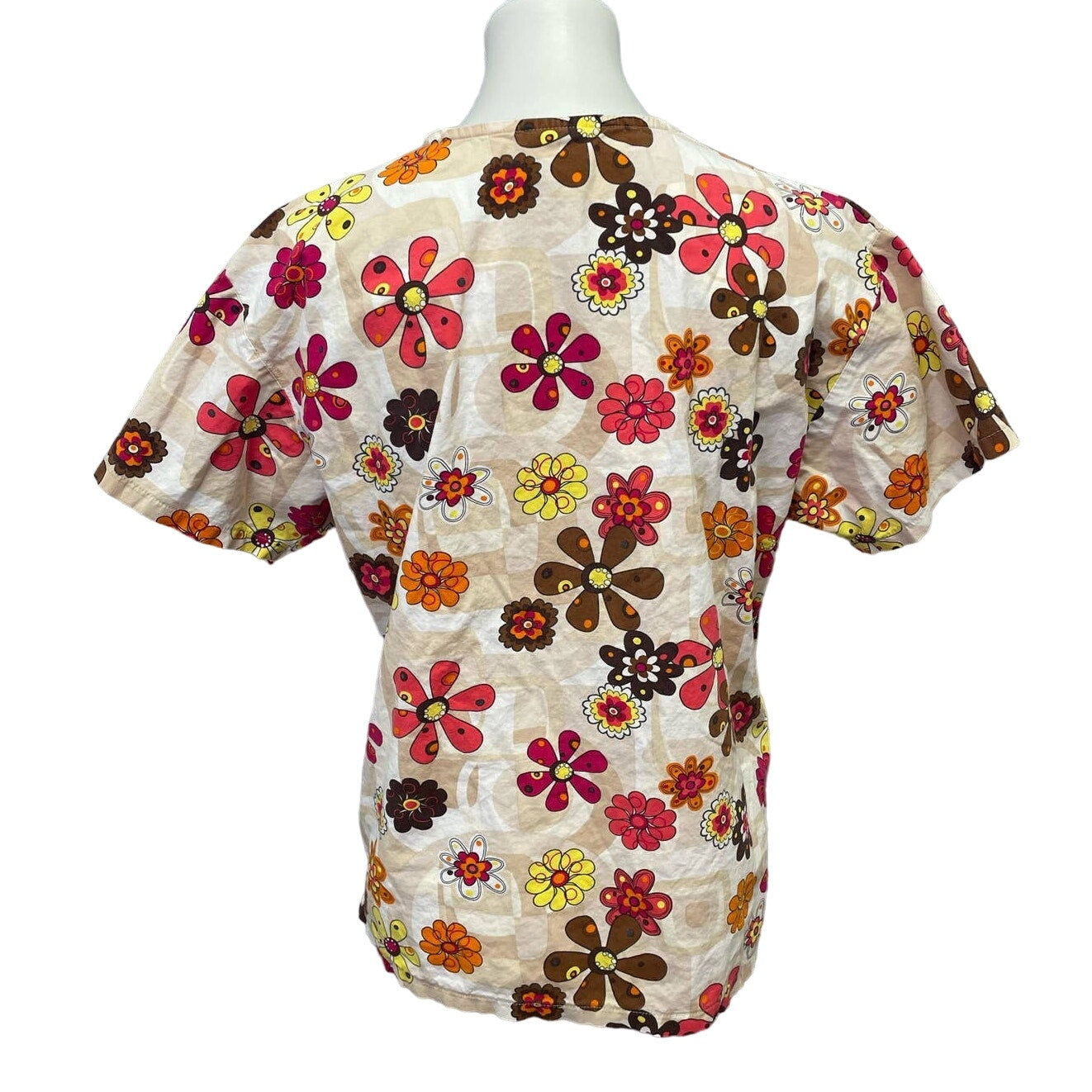Peaches Medium Cotton Blend V-Neck Fall Orange Floral Short Sleeve Scrub Top
