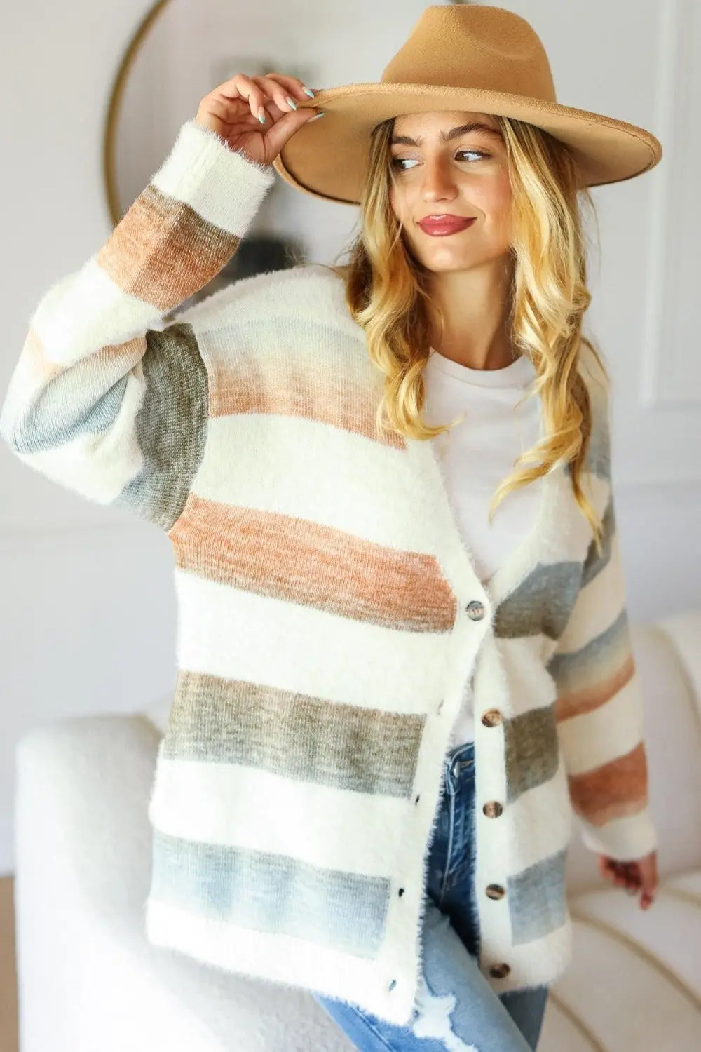 Haptics Full Size Button Down Stripe Soft Fuzzy Cardigan Sweater