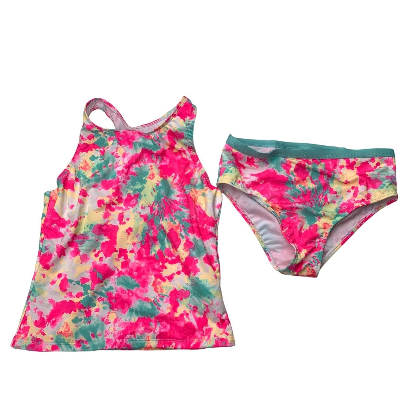 Lands End Girl Large 10-12 Splatter Tie Dye Racerback Tankini Swimsuit Swim Suit