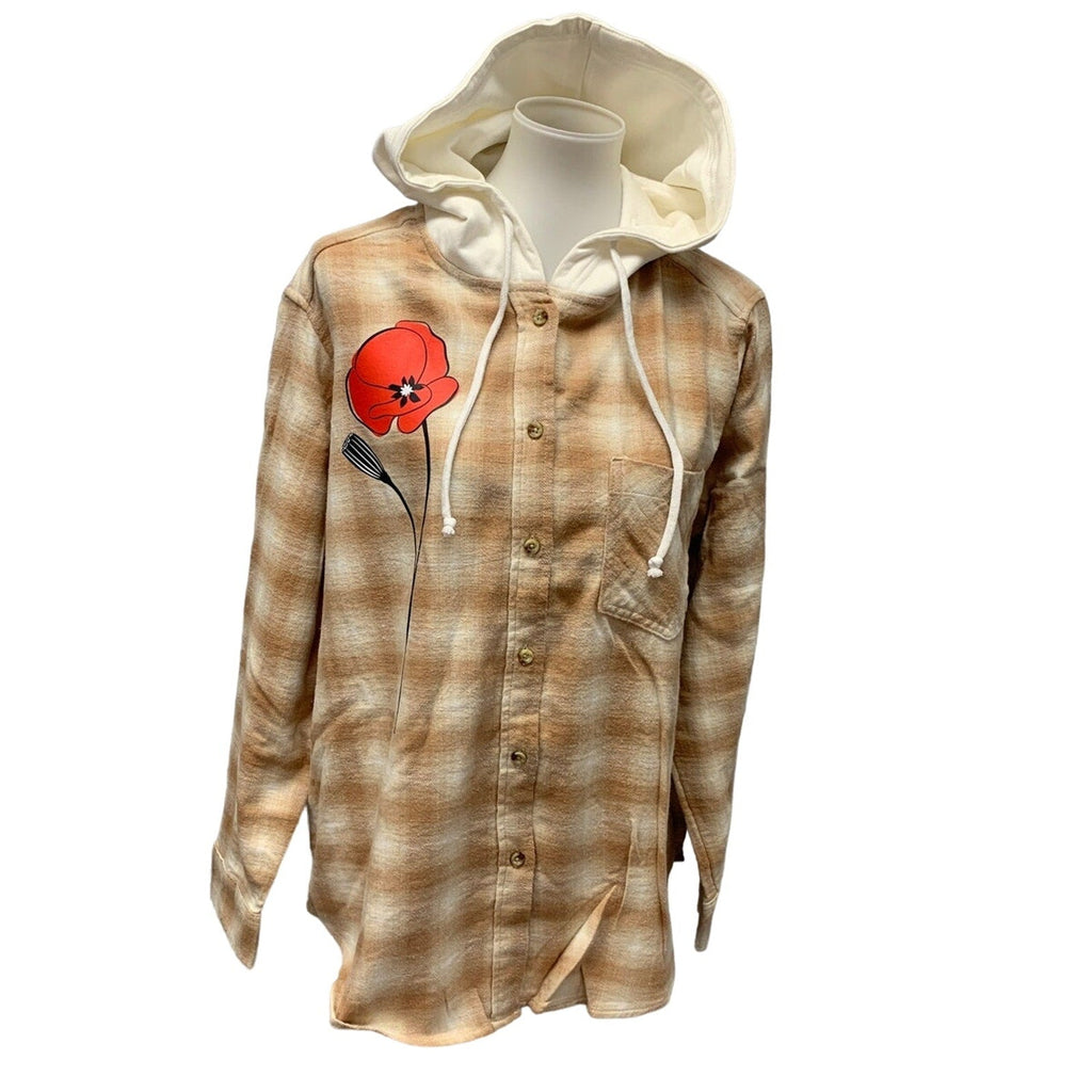 New Hand Printed Womens Large Red Poppy Flower Long Sleeve Plaid Flannel Hoodie