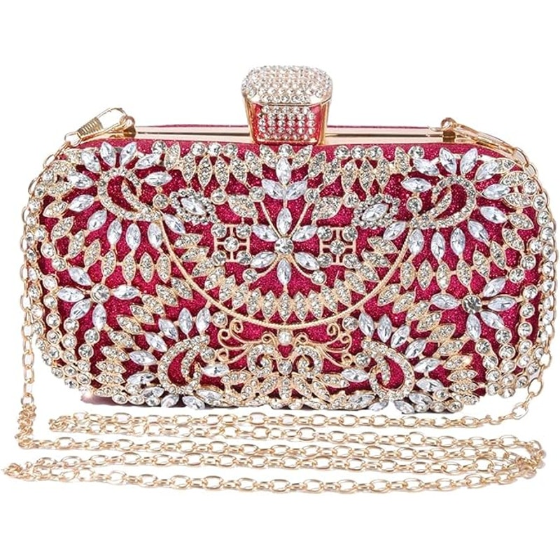 New Covelin Womens Pink Gold Silver Rhinestone Evening Bag Shoulder Clutch