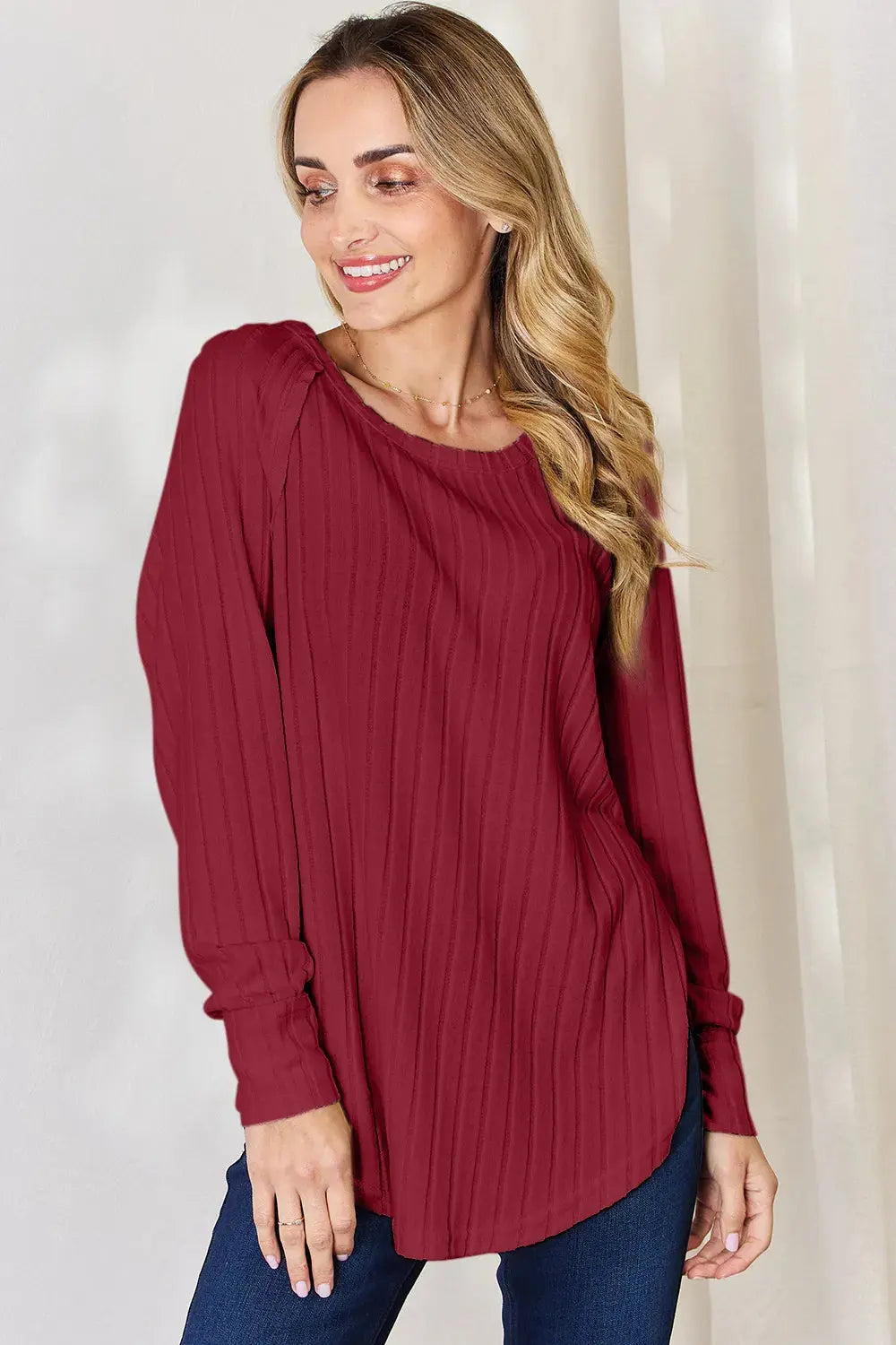 Basic Bae Ribbed Round Neck Slit Womens Long Sleeve T Shirt – Full & Plus Size