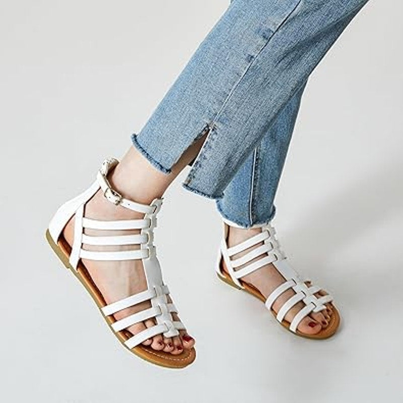 New Trary Womens Size 10 White Faux Leather Gladiator Strap Flat Sandal Shoes