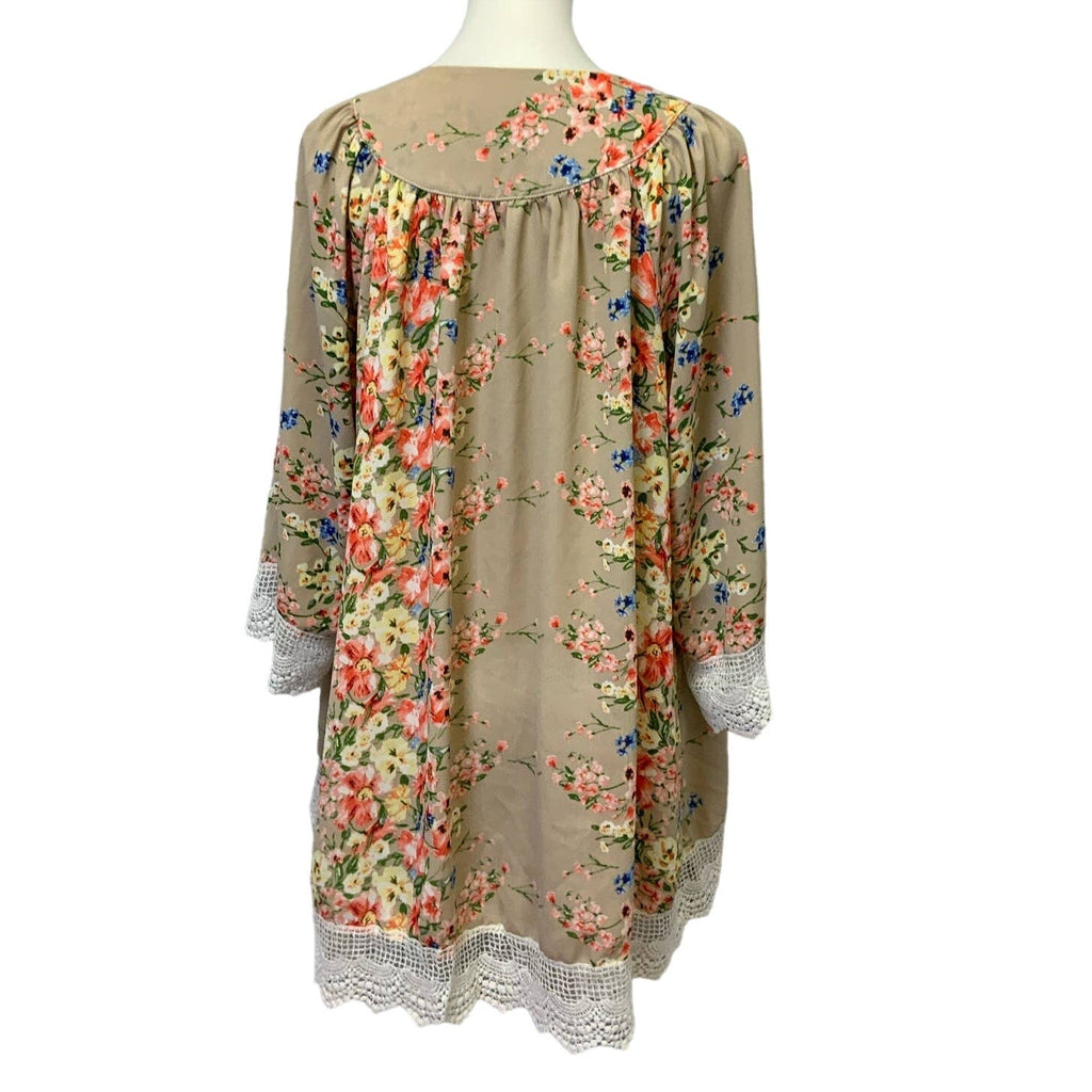Floral XL Long Sleeve Lace Trim Lightweight Coverup Open Cardigan Blouse