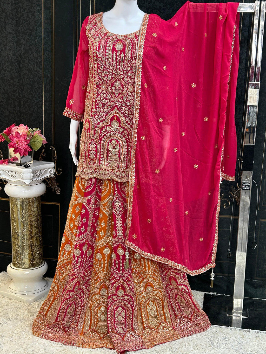 Dark pink sharara suit with heavy work