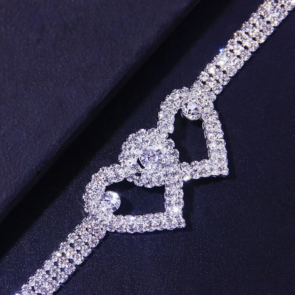 Double Heart Anklet Bracelet Love Barefoot Chain Bling Crystal Ankle Bracelet