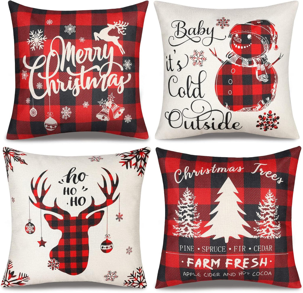 Christmas Pillow Covers 18×18 Inch Set of 4 Farmhouse Deer Pillowcase Black and Red Plaid Linen Throw Pillow Covers for Sofa Couch Christmas Decorations Cushion Pillow Case for Holiday Decor