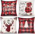 Christmas Pillow Covers 18×18 Inch Set of 4 Farmhouse Deer Pillowcase Black and Red Plaid Linen Throw Pillow Covers for Sofa Couch Christmas Decorations Cushion Pillow Case for Holiday Decor