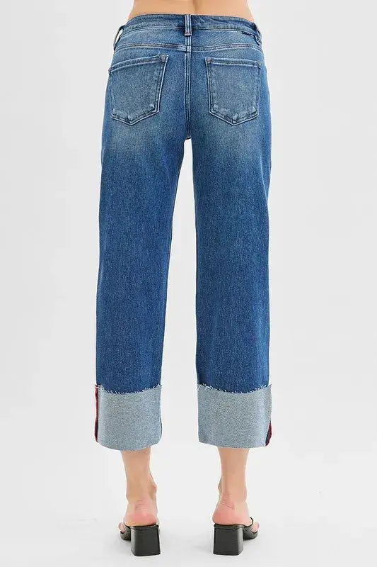 Full Size/Plus Size Tummy Control Mid Rise Crop Wide Cuffed RISEN Jeans