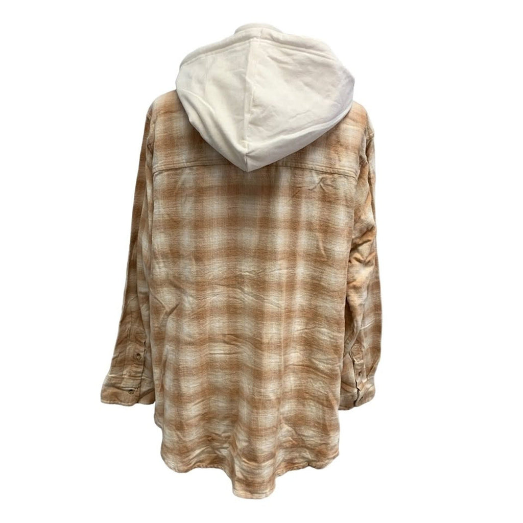 New Hand Printed Womens Medium Blue Jay Bird Plaid Flannel Long Sleeve Hoodie
