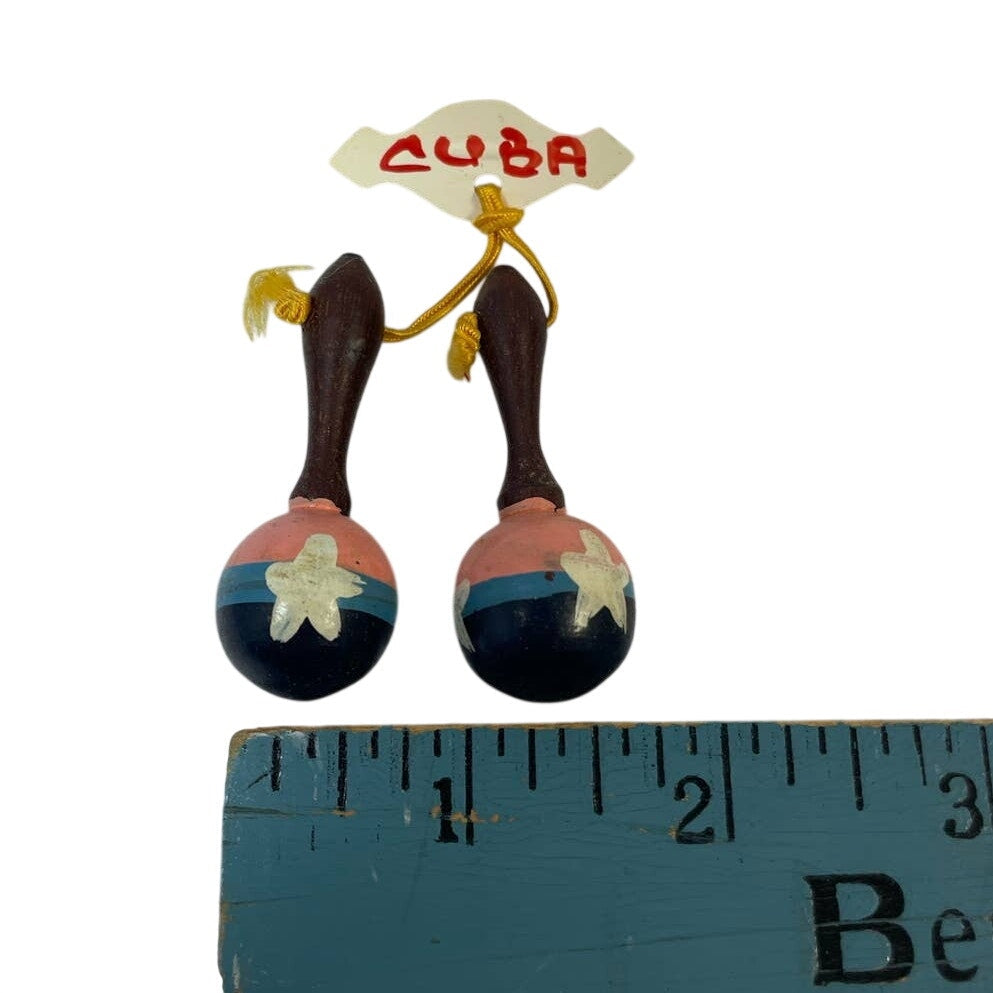 Vintage Handmade Hand Painted Small Cuba Wooden Dangling Star Maracas Brooch Pin