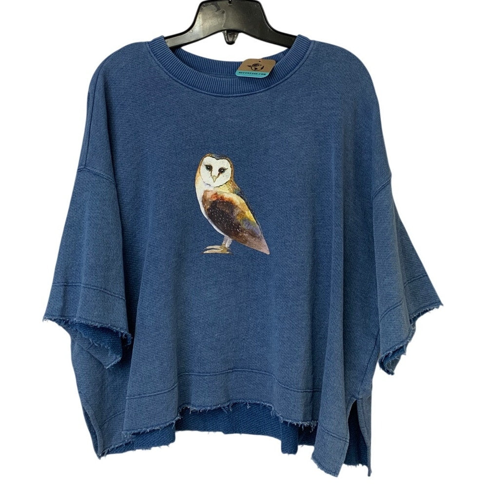 New Hand Printed Womens Medium Woodland Owl Oversized Half Sleeve Sweatshirt