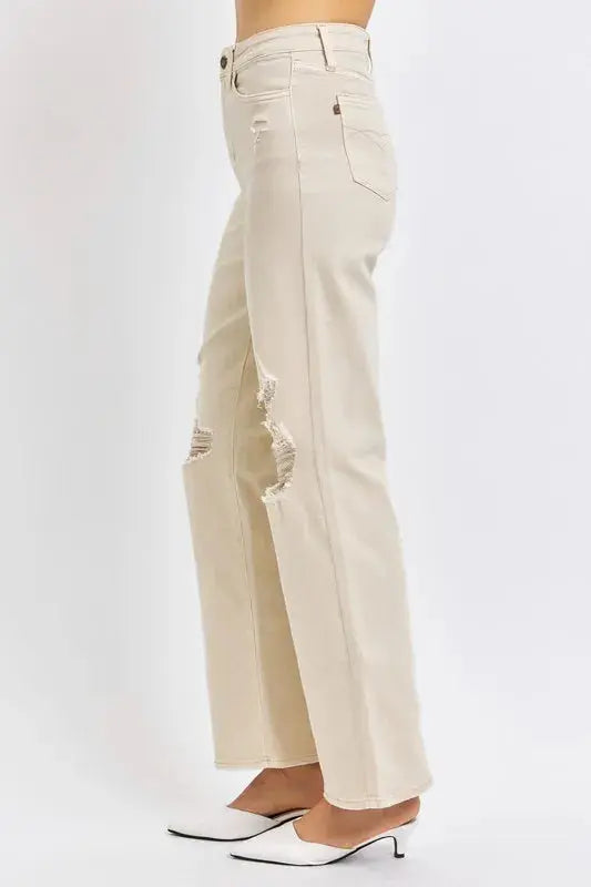 Bone Full/Plus Size High Waist Distressed Wide Leg Judy Blue Jeans