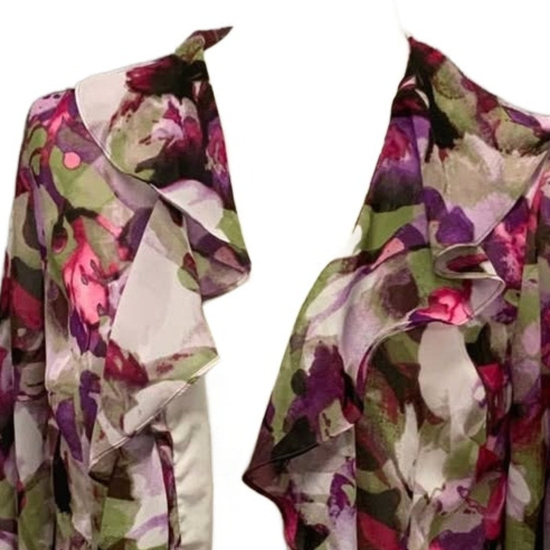 Evan Picone Petite 12P Long Sleeve Floral Ruffled Polyester Button Down Blouse