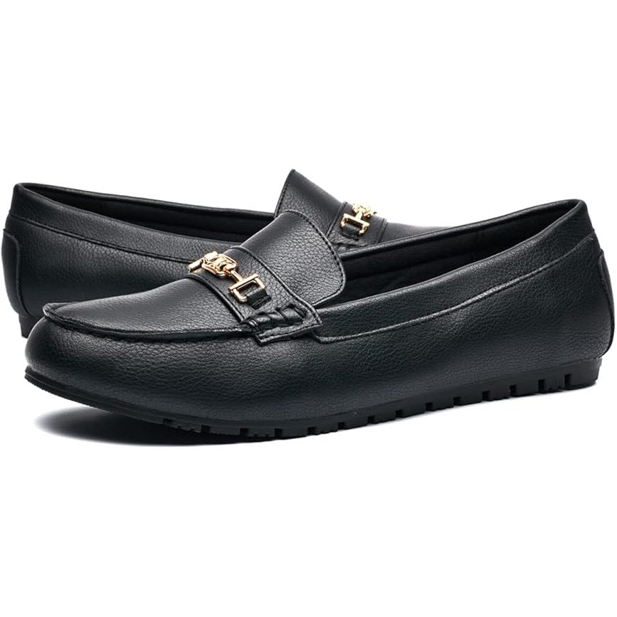 DeYashopin Womens Size 7 Black Faux Leather Gold Buckle Slip On Loafer Shoes
