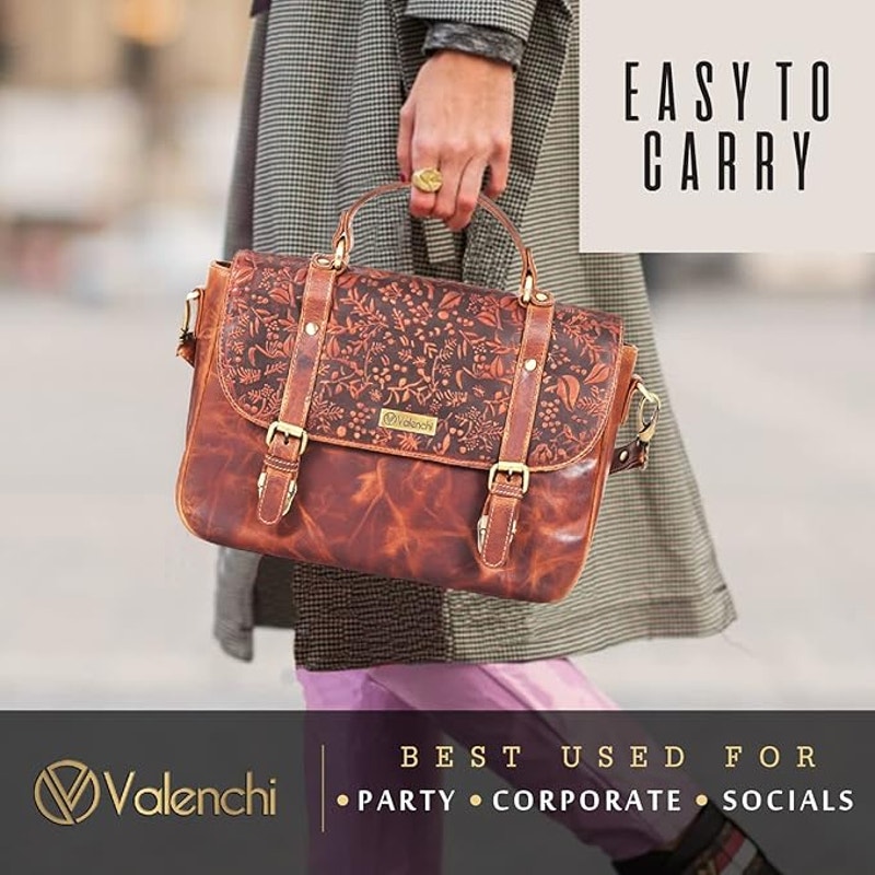 NWT New Valenchi Womens Brown Leather Floral Purse Crossbody Shoulder Bag