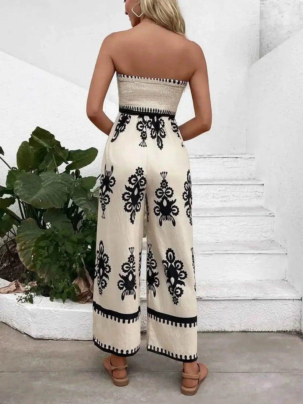 Smocked Printed : Wide Leg Jumpsuit